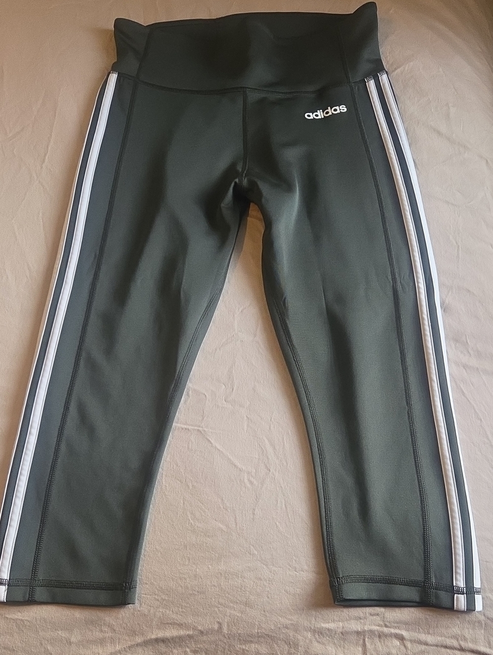 Adidas Dark Green Cropped Leggings with White 3-Stripes